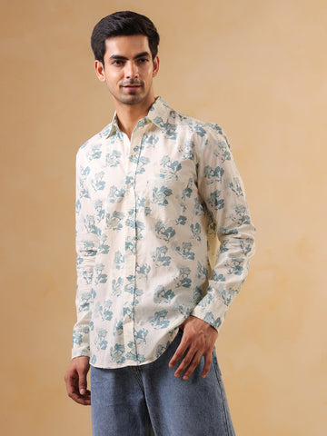 Men's White & Blue Botanical Print Full Sleeve Shirt