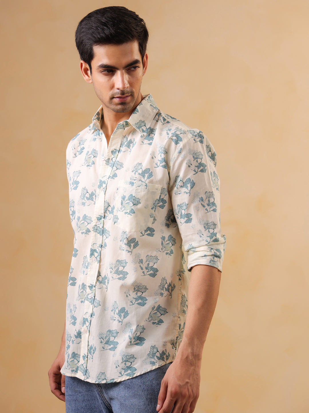 Men's White & Blue Botanical Print Full Sleeve Shirt