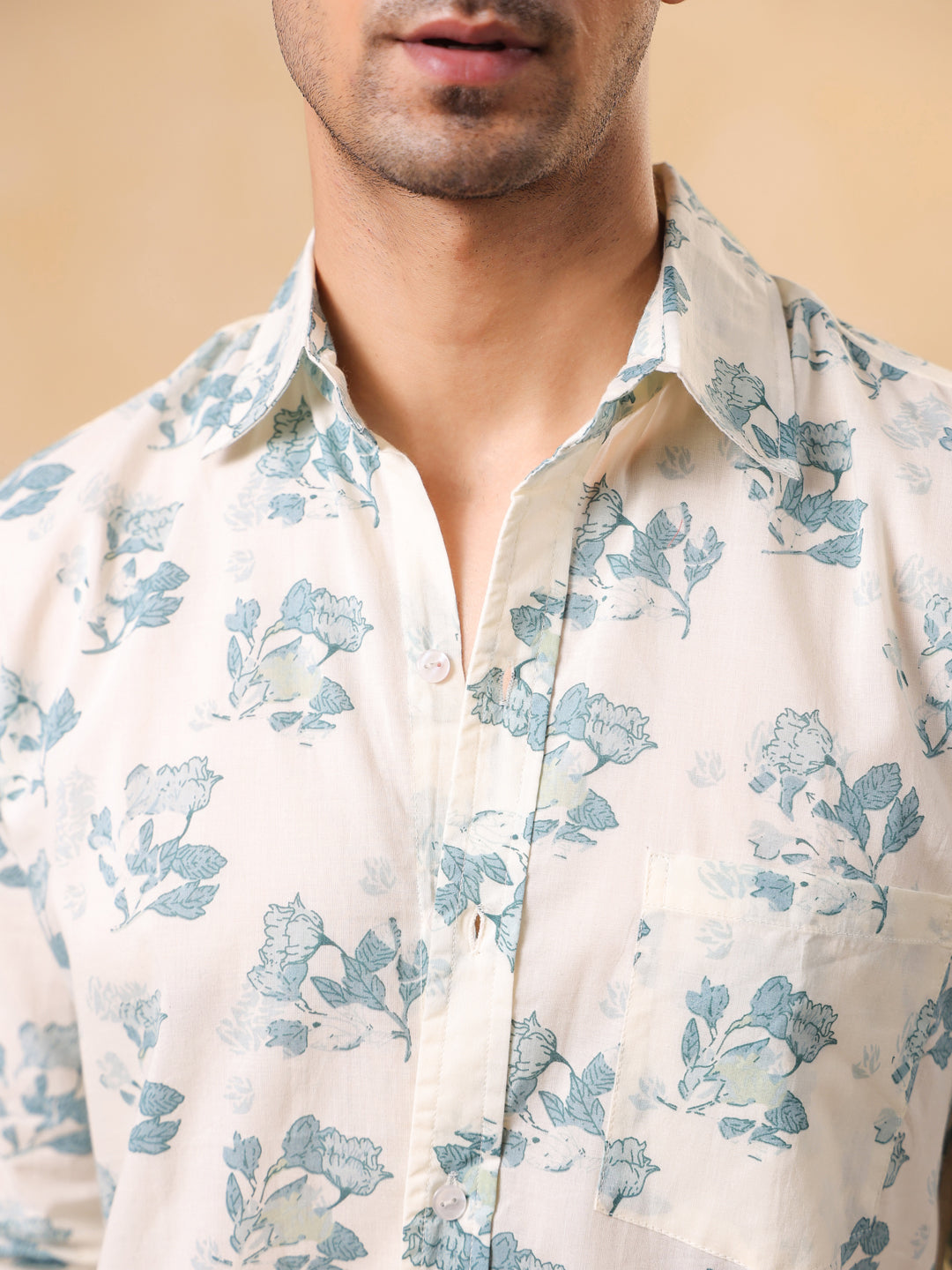 Men's White & Blue Botanical Print Full Sleeve Shirt