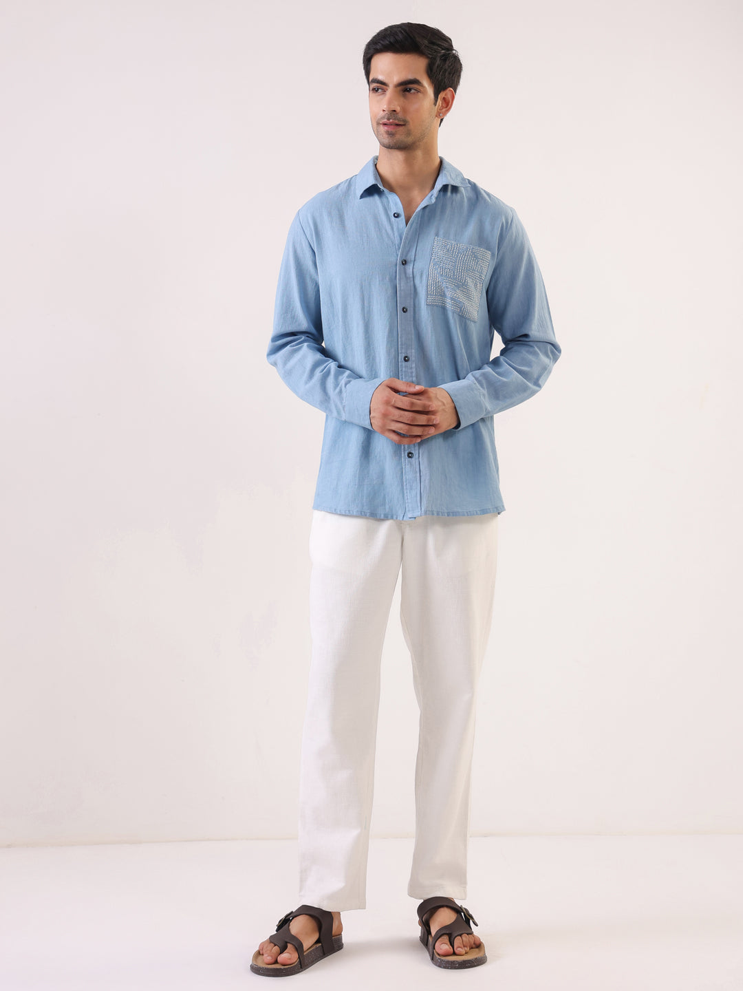 Men's Light Blue Full Sleeve Shirt with Embellished Pocket