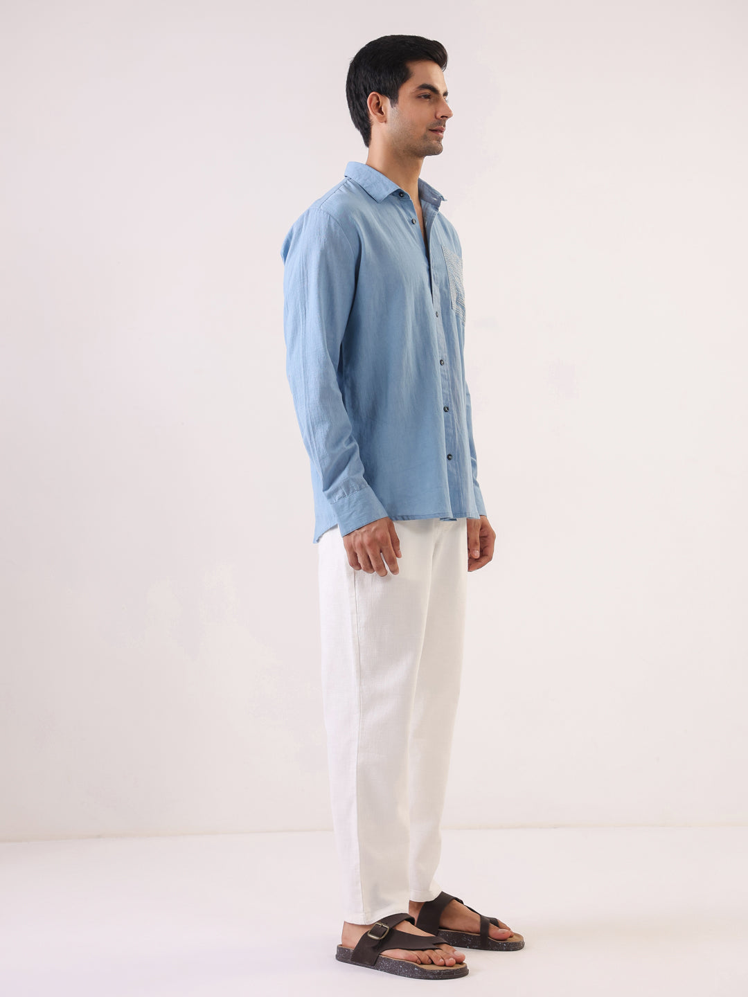 Men's Light Blue Full Sleeve Shirt with Embellished Pocket