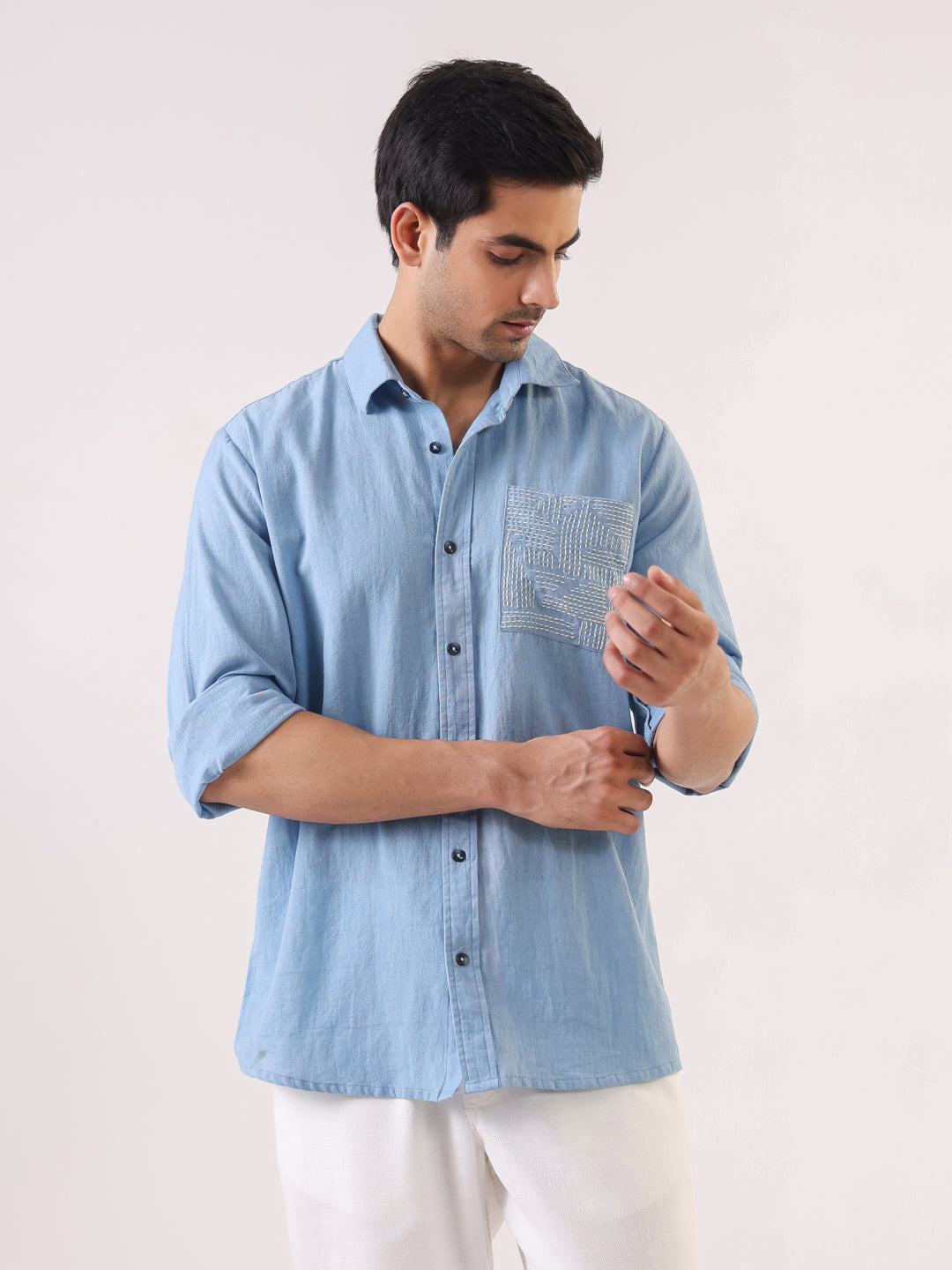 Men's Light Blue Full Sleeve Shirt with Embellished Pocket