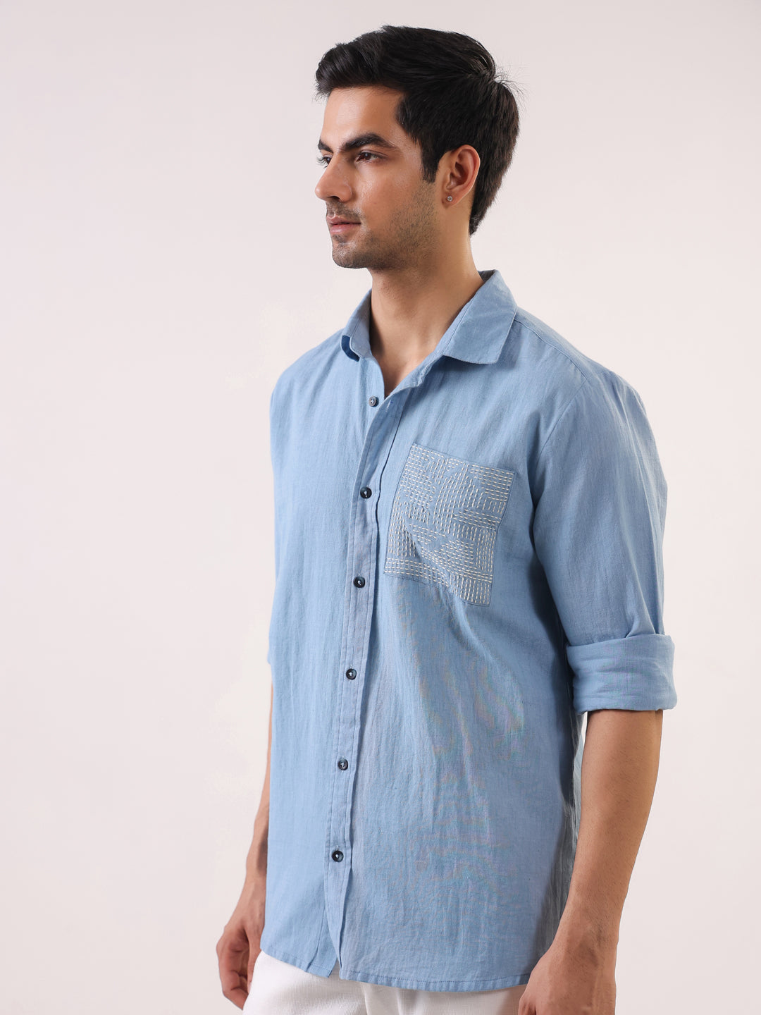 Men's Light Blue Full Sleeve Shirt with Embellished Pocket