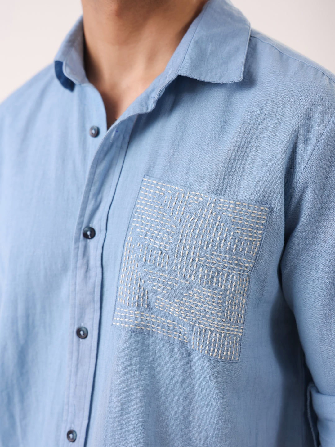 Men's Light Blue Full Sleeve Shirt with Embellished Pocket