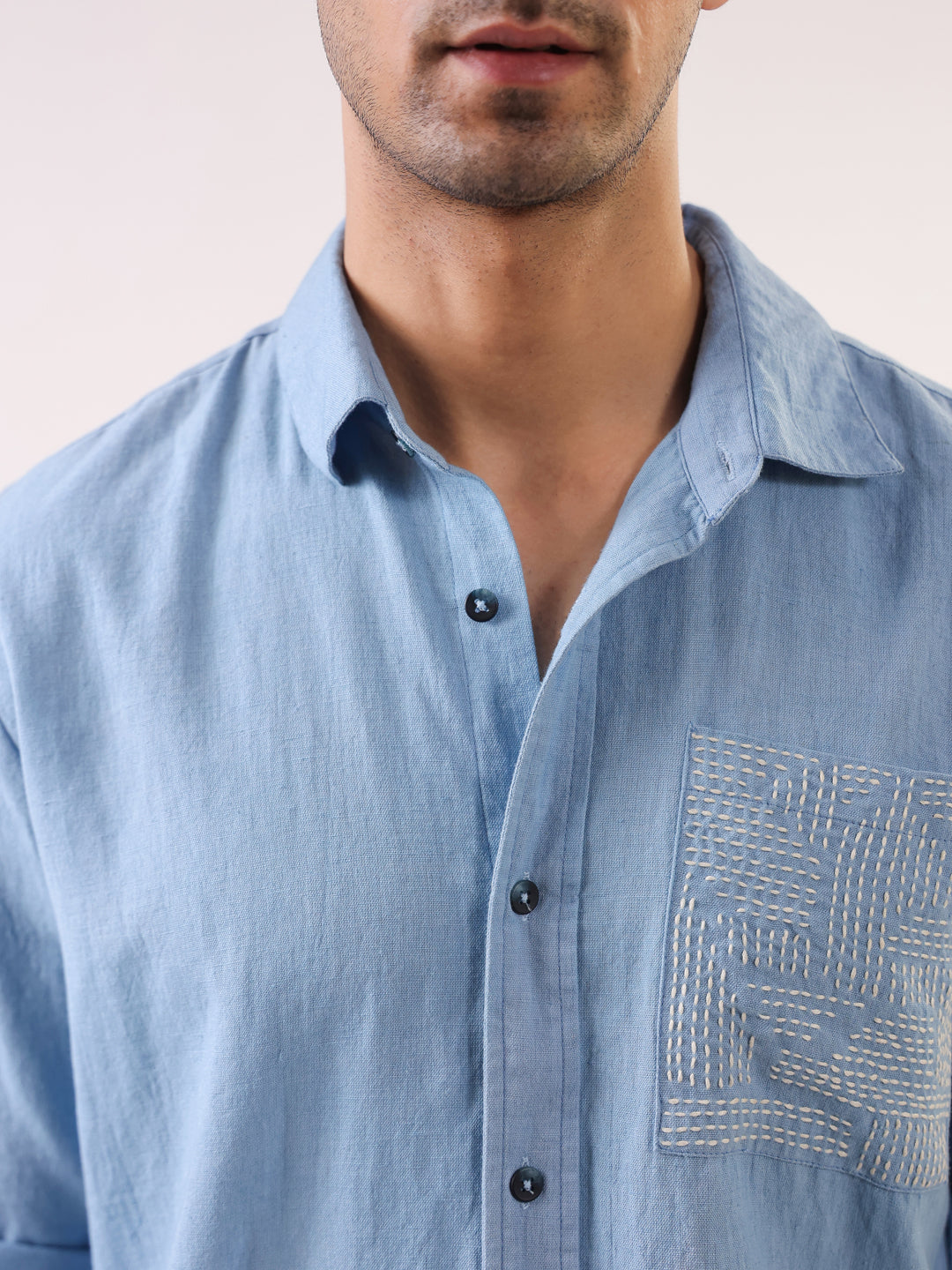Men's Light Blue Full Sleeve Shirt with Embellished Pocket