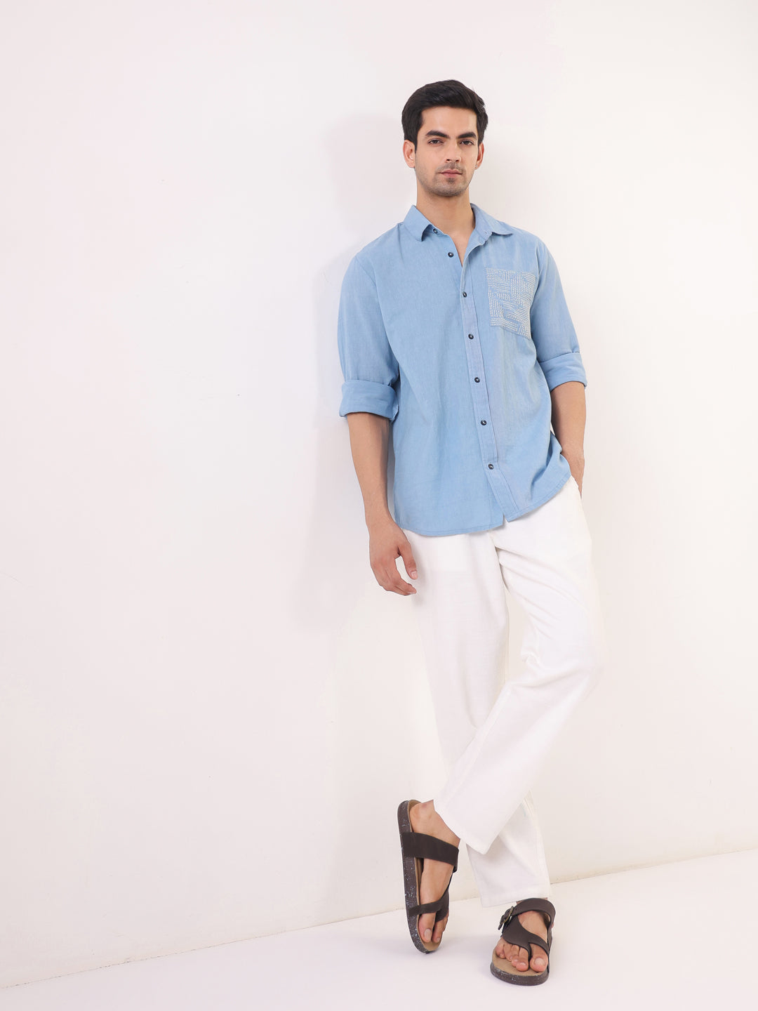 Men's Light Blue Full Sleeve Shirt with Embellished Pocket