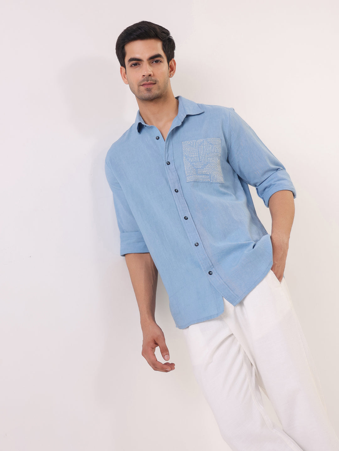 Men's Light Blue Full Sleeve Shirt with Embellished Pocket