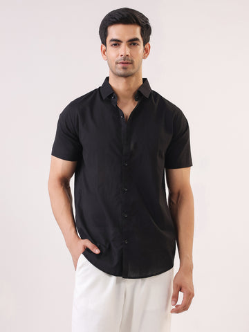 Men's Solid Black Short Sleeve Casual Shirt