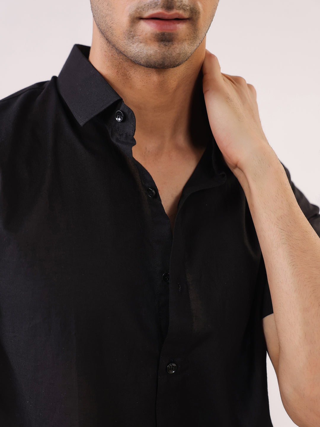 Men's Solid Black Short Sleeve Casual Shirt