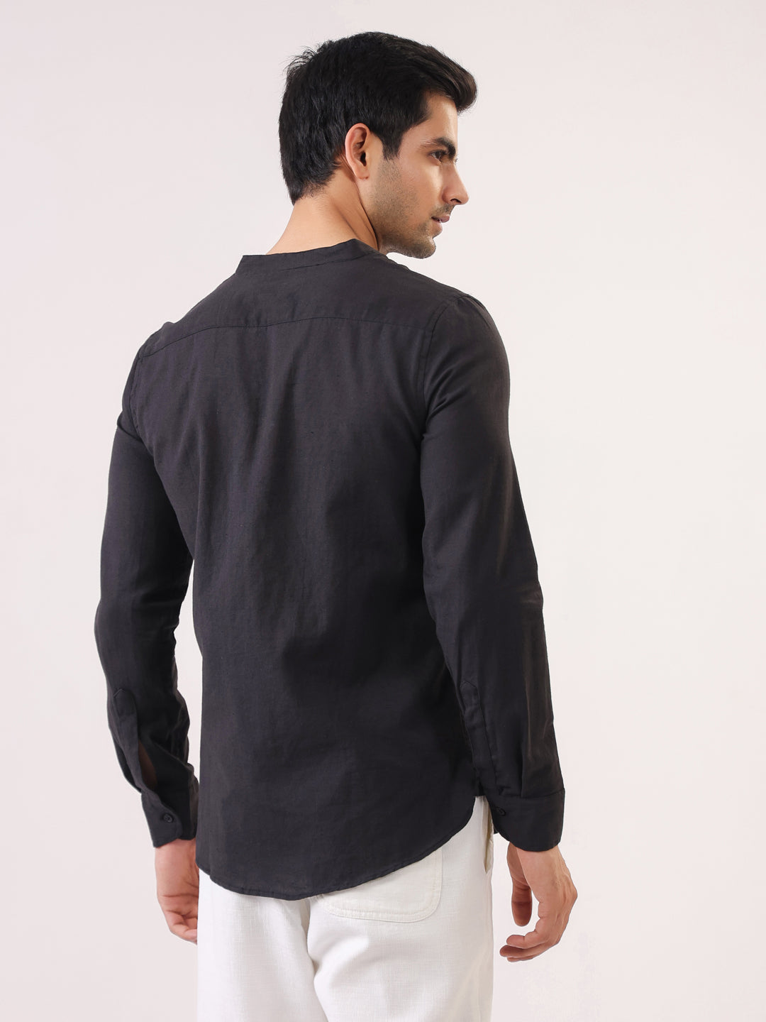 Men Black Mandarin Collar Full Sleeve Solid Regular Fit Pure Cotton Shirt