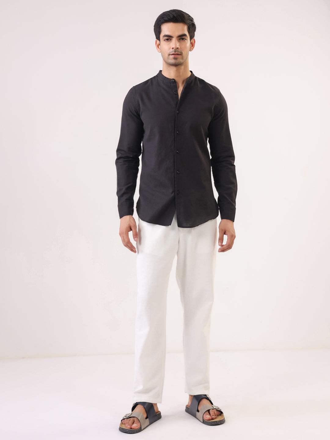 Men Black Mandarin Collar Full Sleeve Solid Regular Fit Pure Cotton Shirt