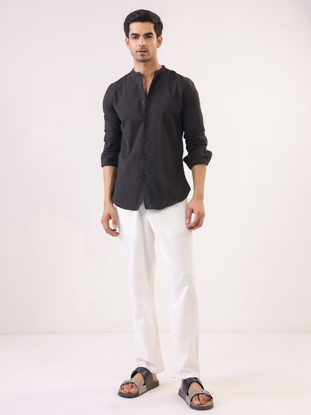 Men Black Mandarin Collar Full Sleeve Solid Regular Fit Pure Cotton Shirt