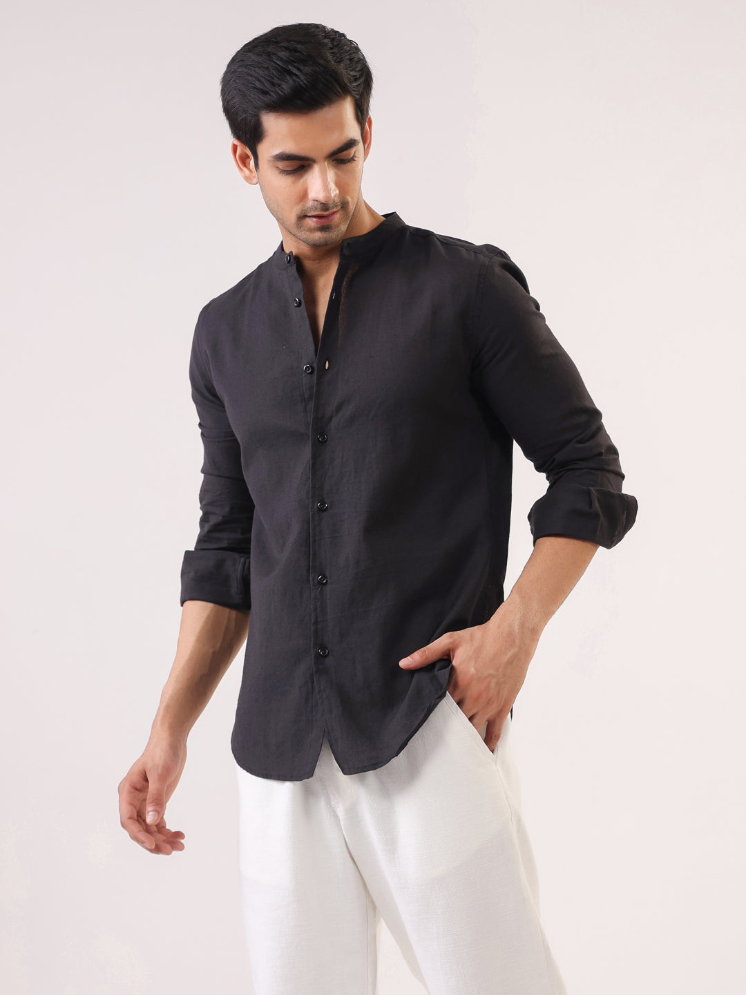 Men's Black Mandarin Collar Full Sleeve Shirt