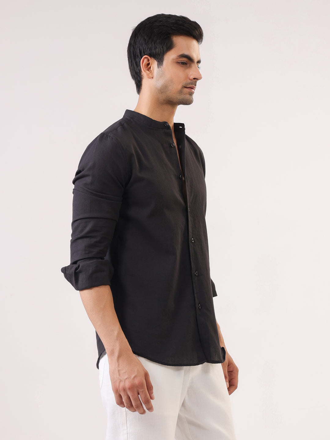 Men Black Mandarin Collar Full Sleeve Solid Regular Fit Pure Cotton Shirt