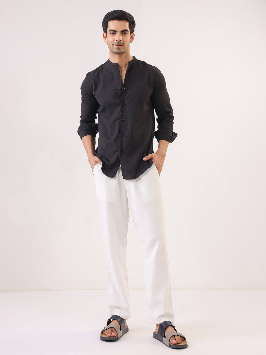 Men Black Mandarin Collar Full Sleeve Solid Regular Fit Pure Cotton Shirt