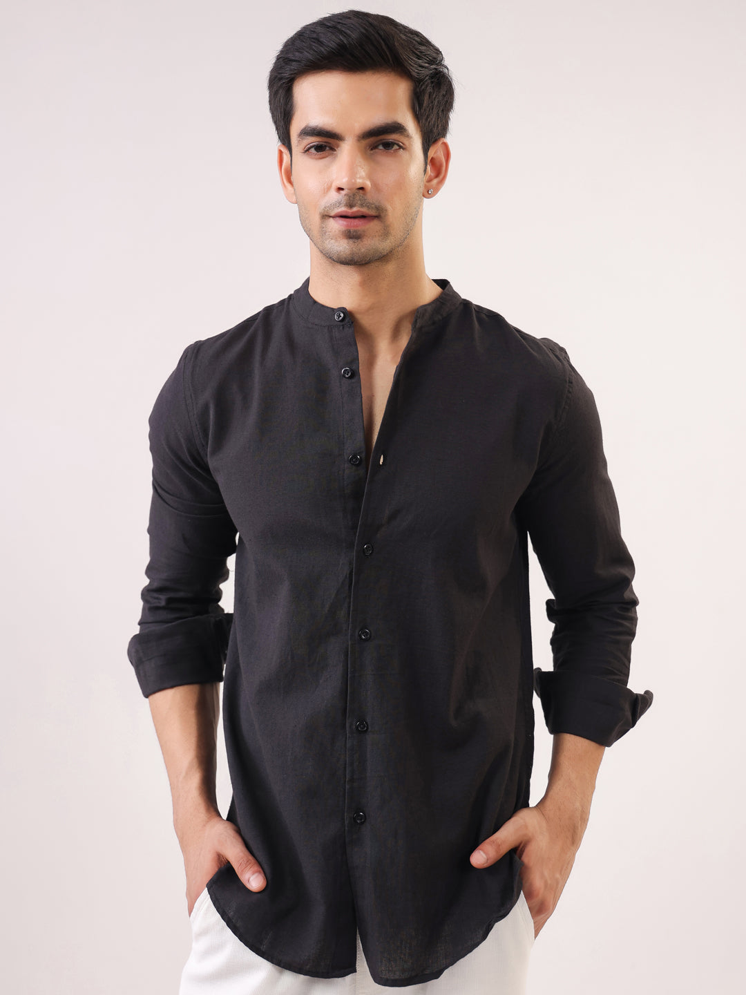 Men Black Mandarin Collar Full Sleeve Solid Regular Fit Pure Cotton Shirt