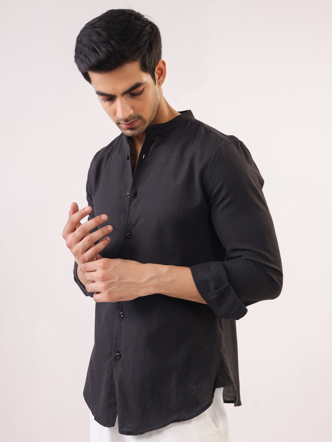 Men's Black Mandarin Collar Full Sleeve Shirt