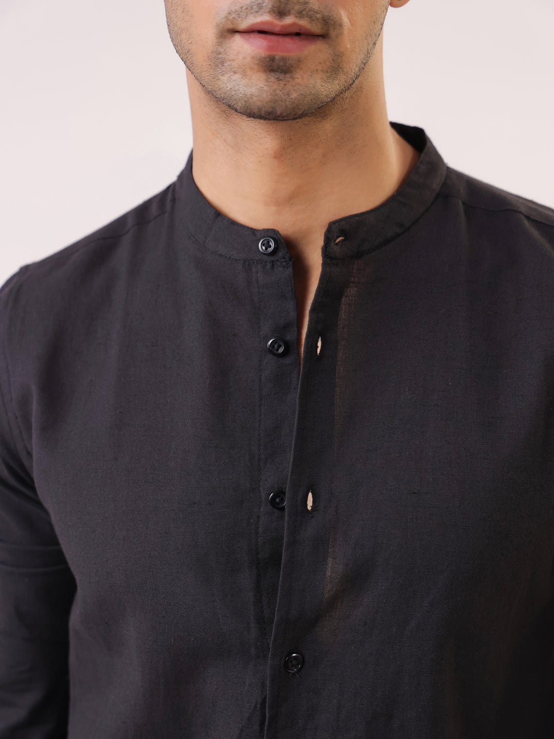 Men's Black Mandarin Collar Full Sleeve Shirt