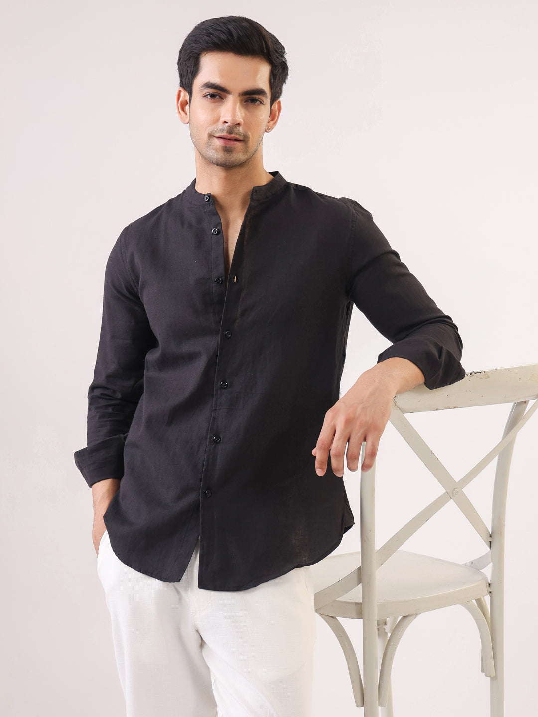 Men's Black Mandarin Collar Full Sleeve Shirt