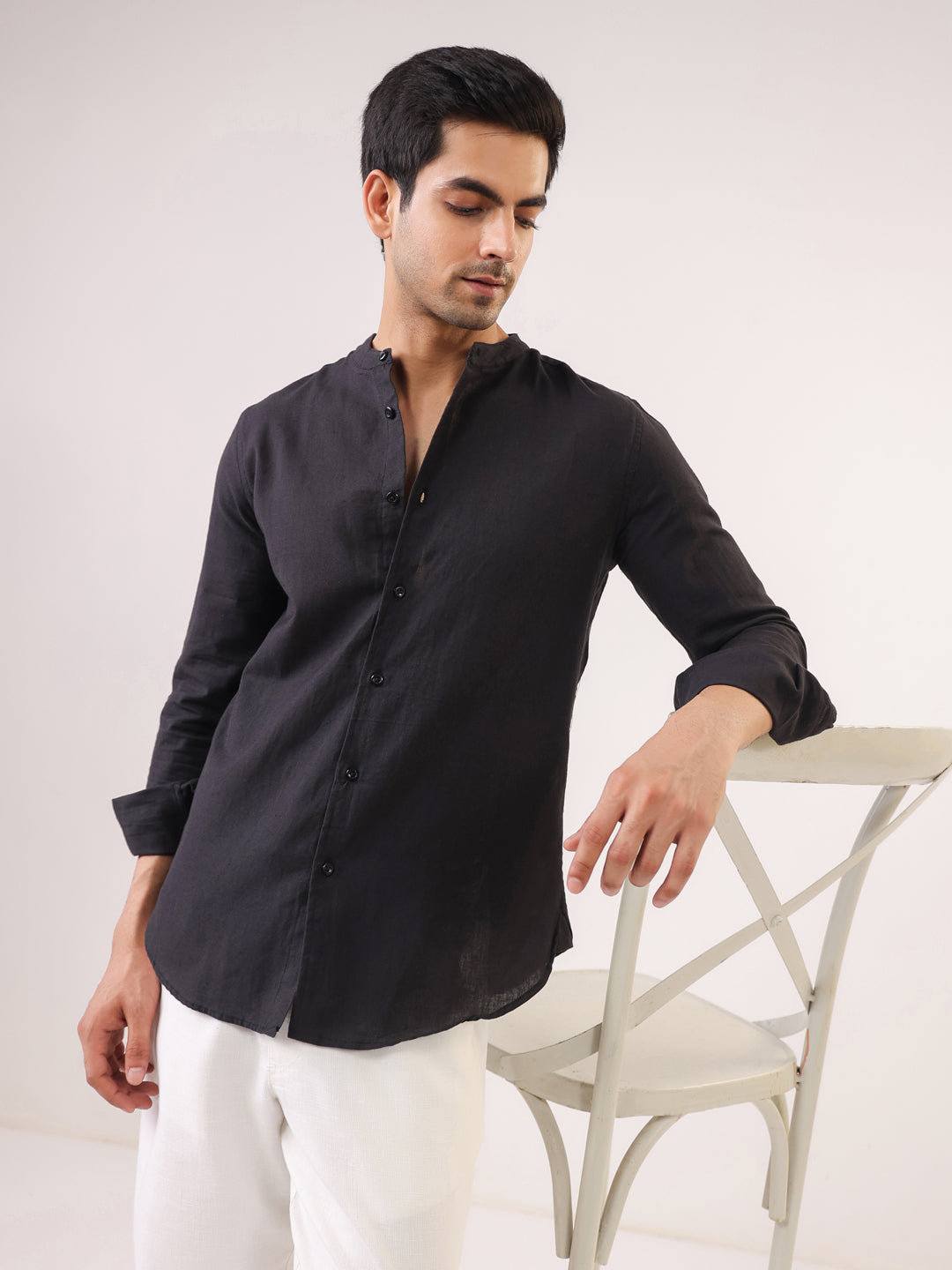 Men Black Mandarin Collar Full Sleeve Solid Regular Fit Pure Cotton Shirt