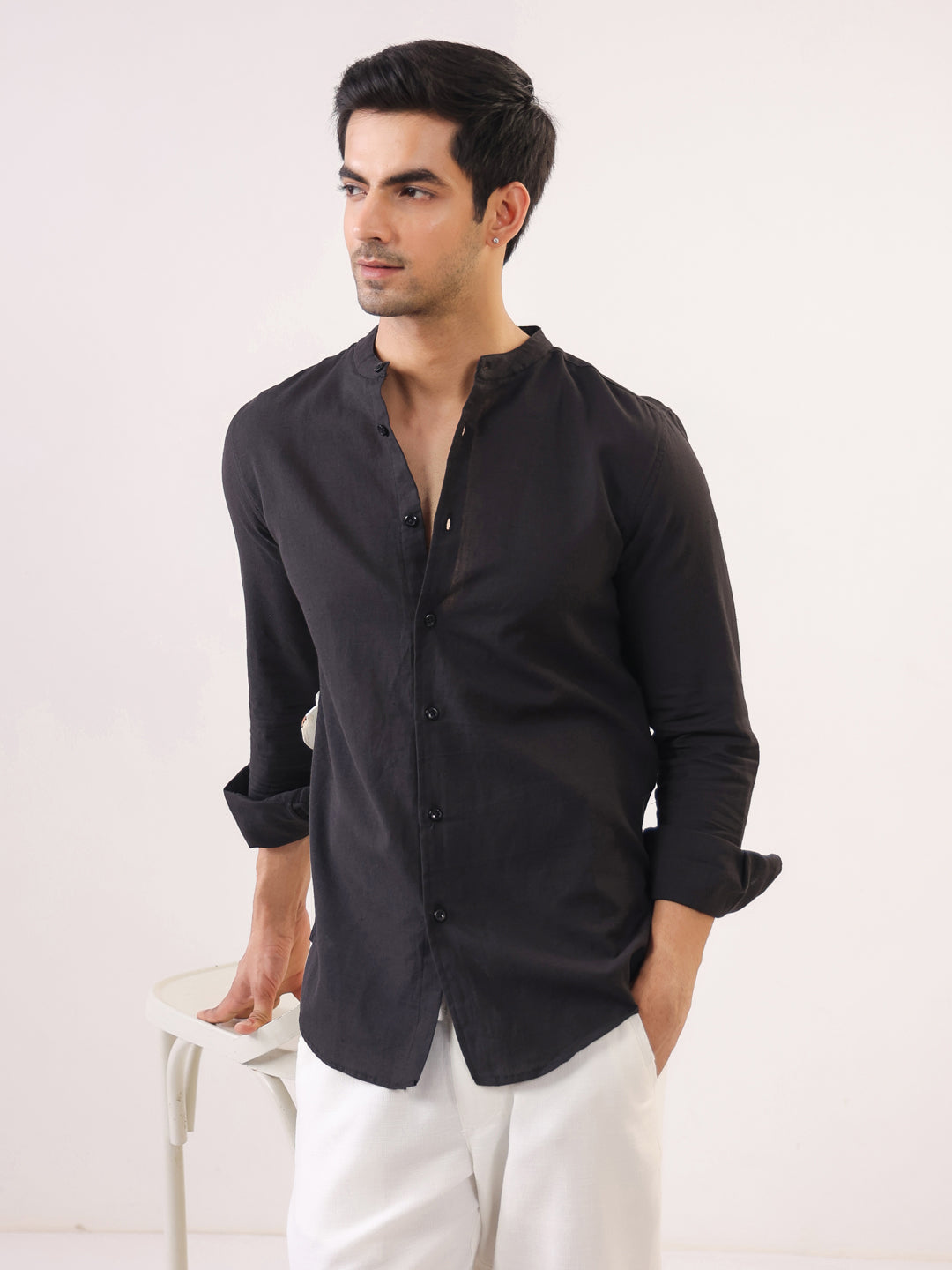 Men's Black Mandarin Collar Full Sleeve Shirt