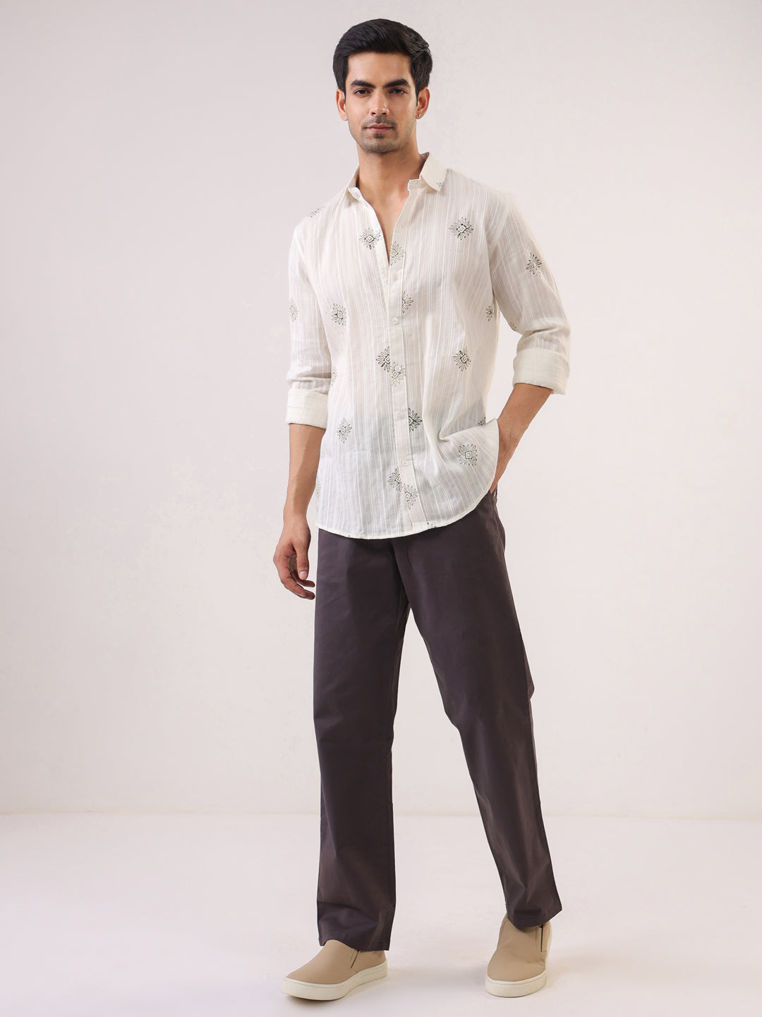 White Handblock Print Casual Shirt