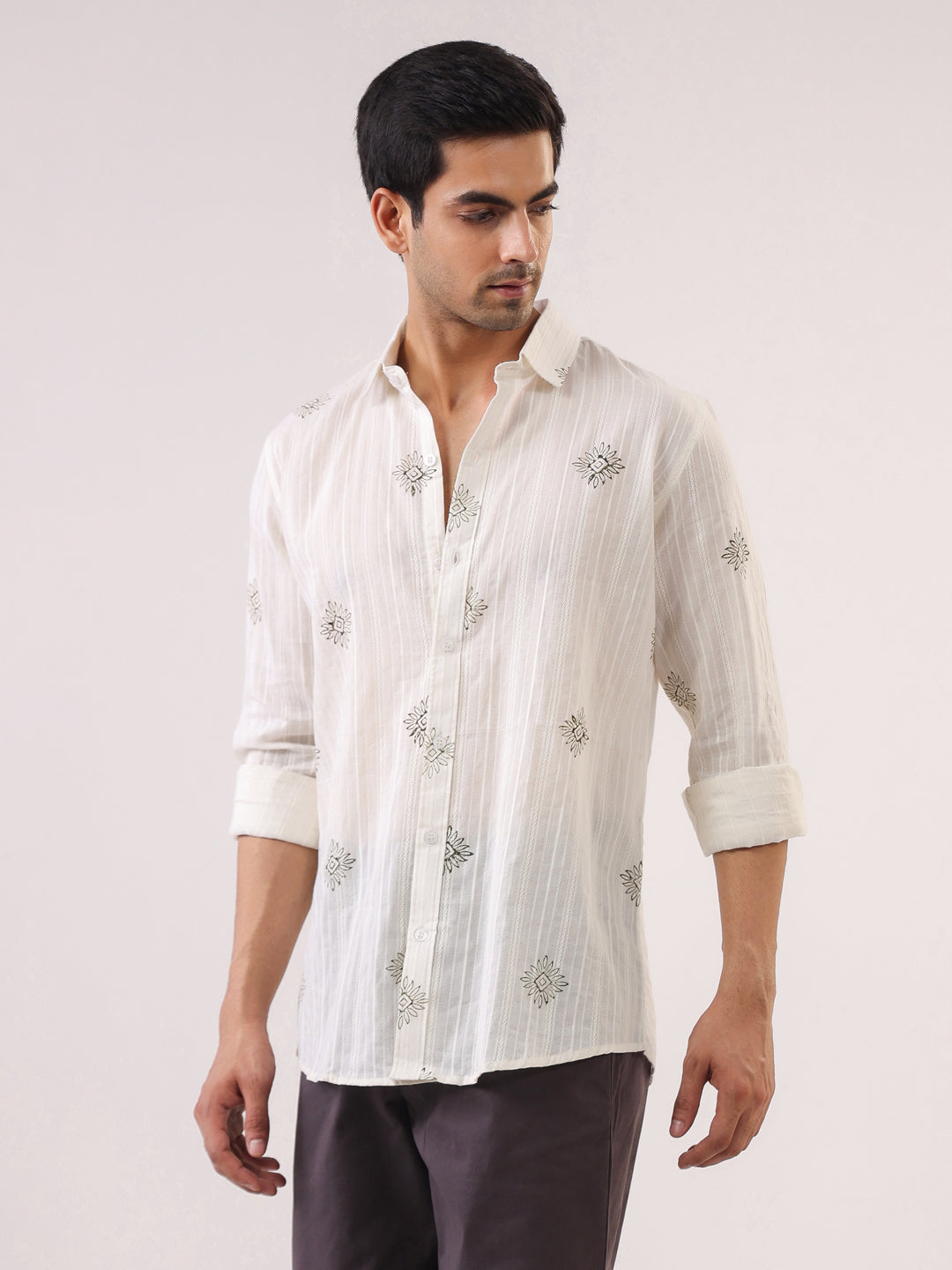 White Handblock Print Casual Shirt