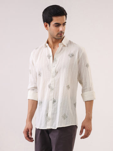 White Handblock Print Casual Shirt