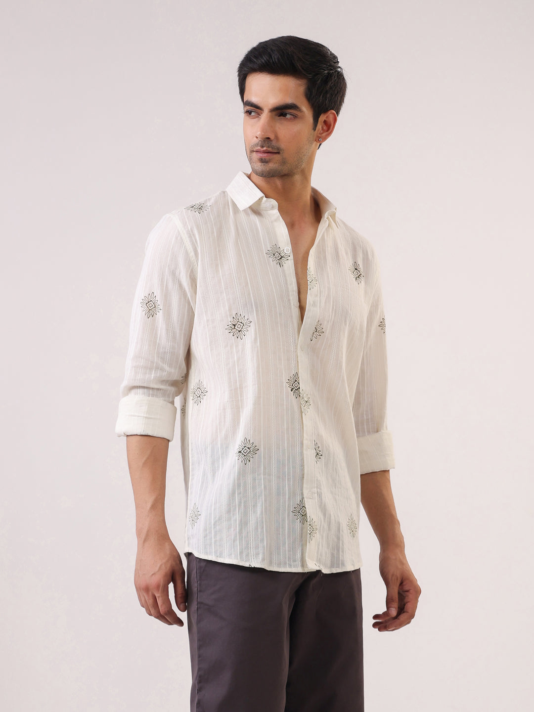 White Handblock Print Casual Shirt