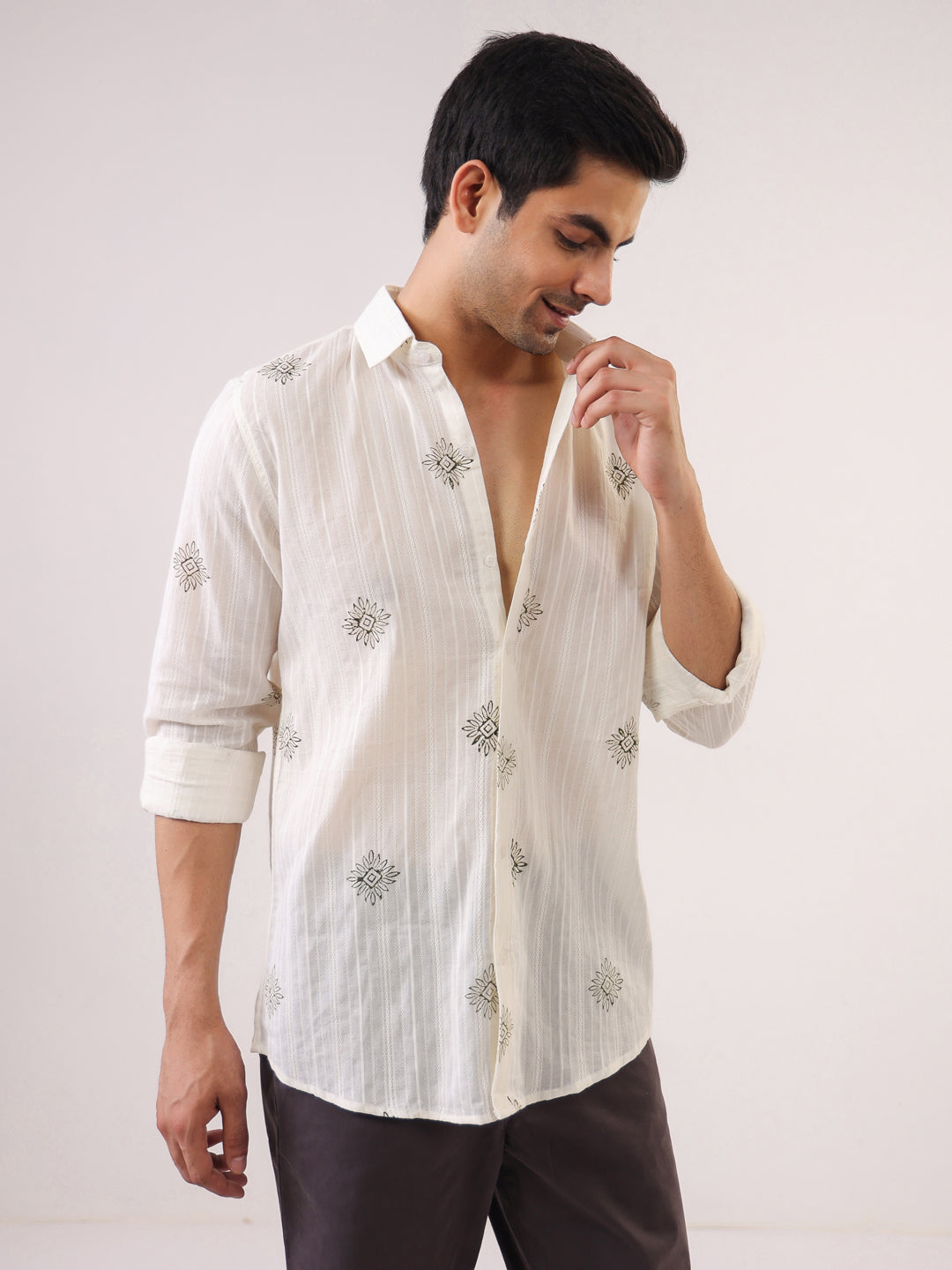 White Handblock Print Casual Shirt