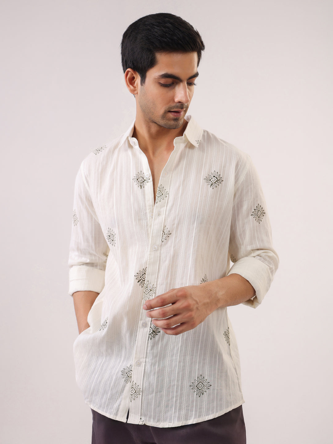 White Handblock Print Casual Shirt
