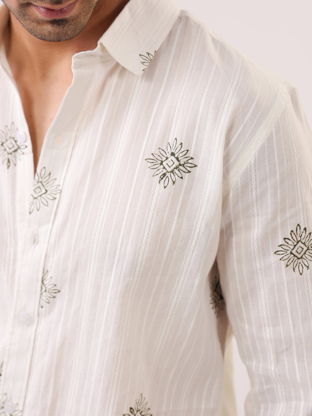 White Handblock Print Casual Shirt