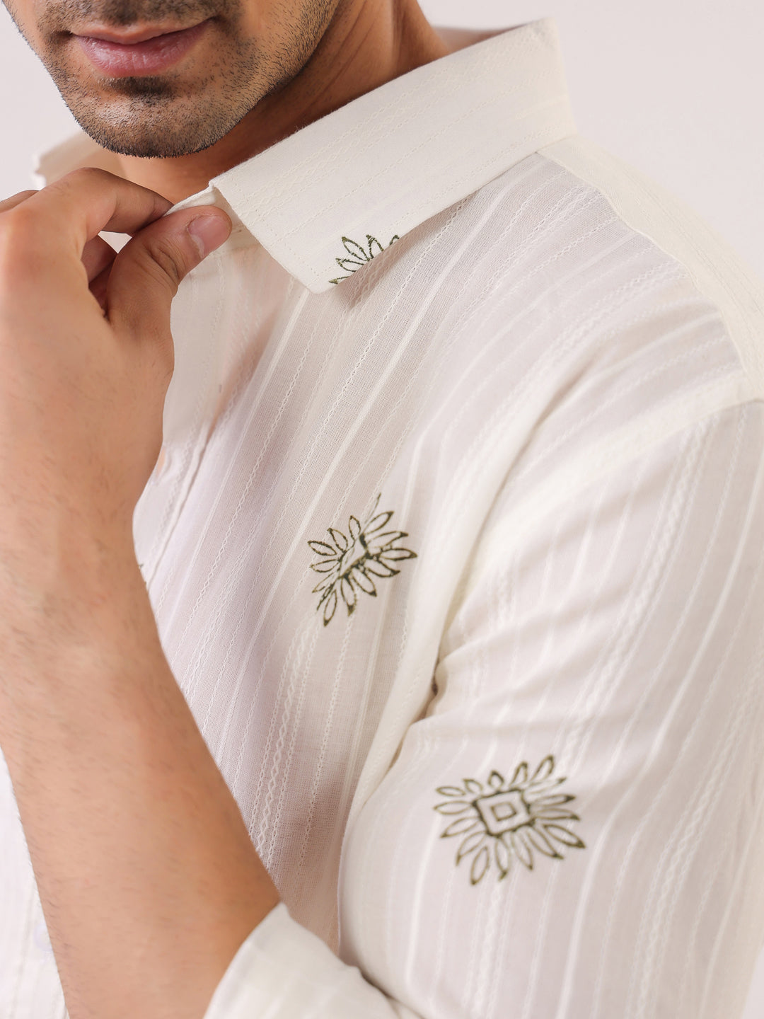 White Handblock Print Casual Shirt