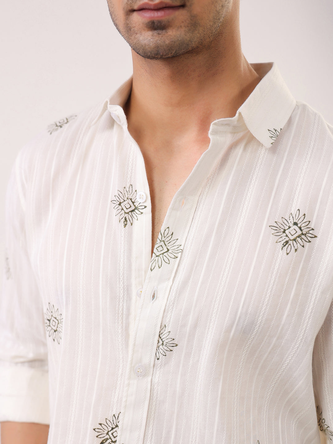 White Handblock Print Casual Shirt