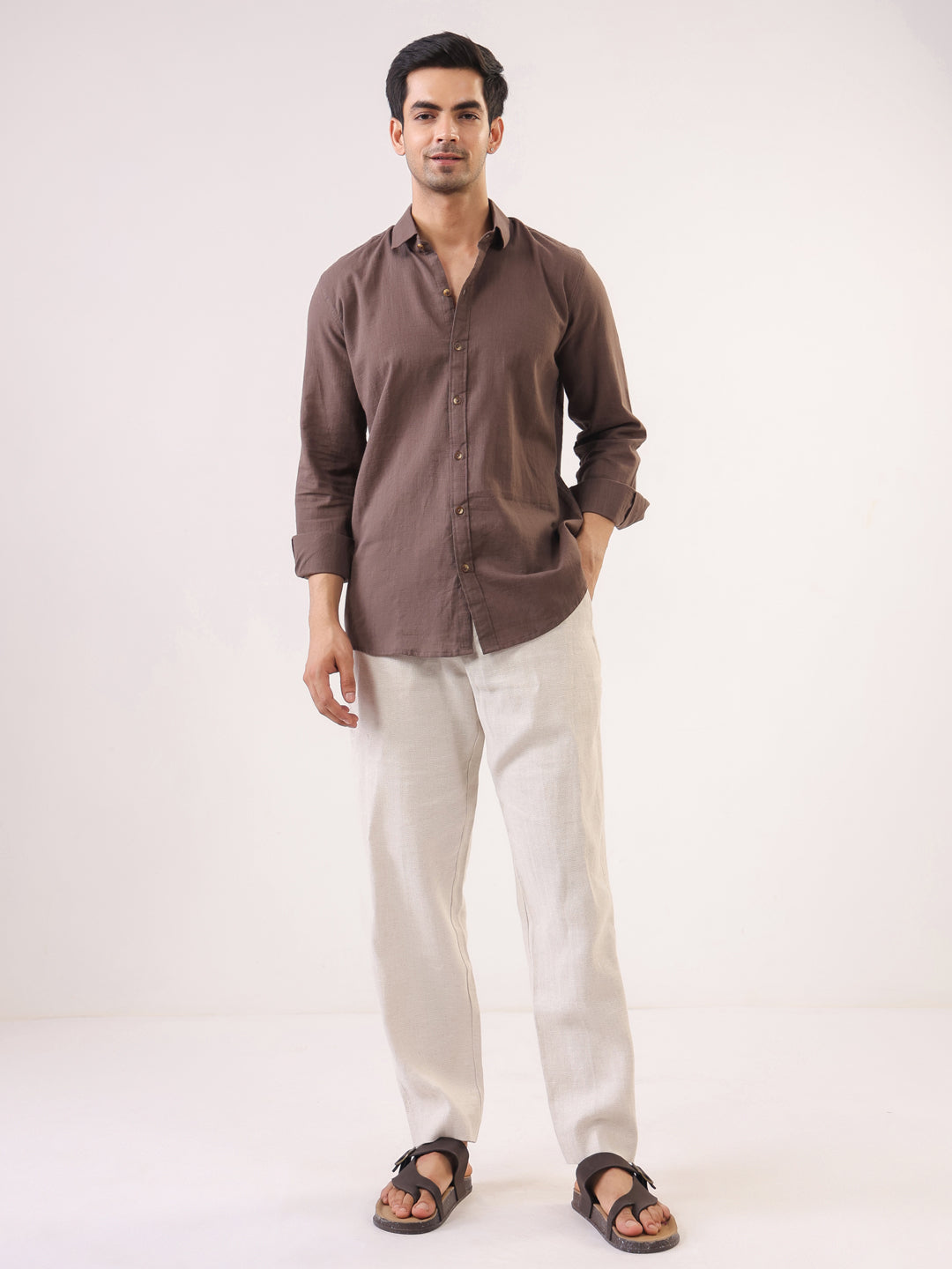 Men's Solid Brown Long Sleeve Casual Shirt