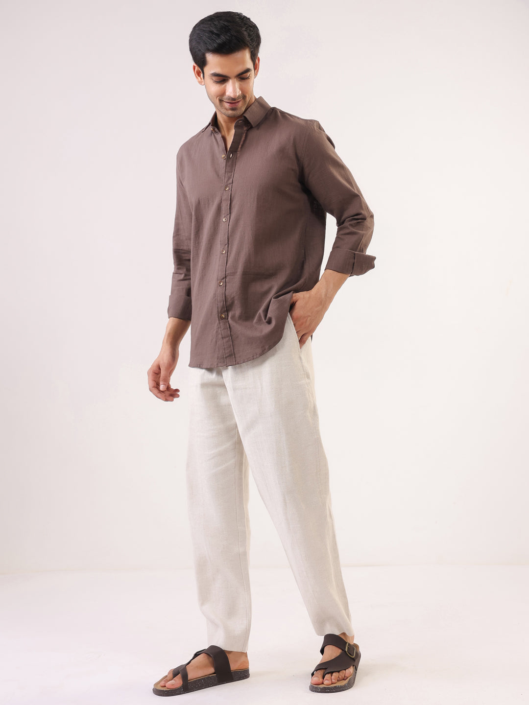 Men's Solid Brown Long Sleeve Casual Shirt