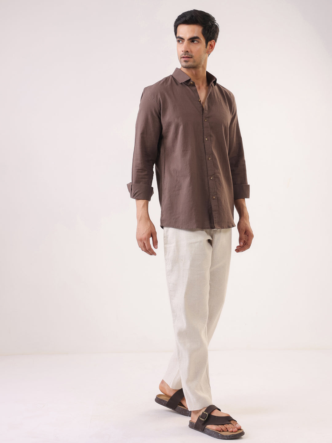 Men's Solid Brown Long Sleeve Casual Shirt