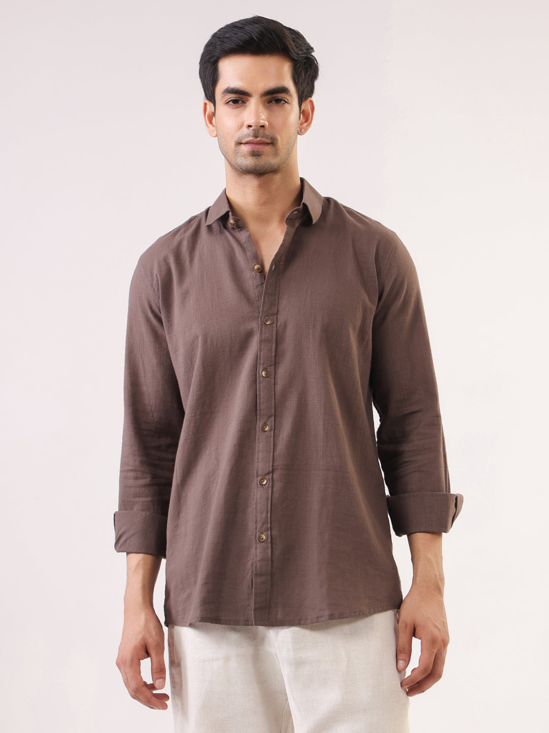 Men's Solid Brown Long Sleeve Casual Shirt