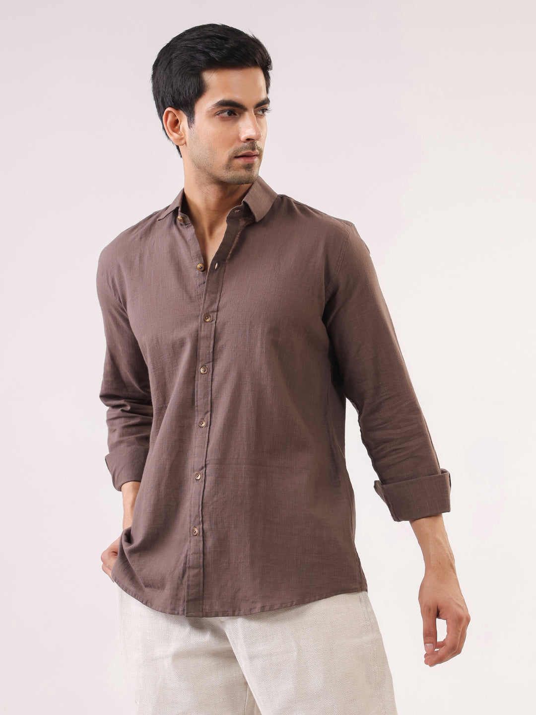 Men's Solid Brown Long Sleeve Casual Shirt