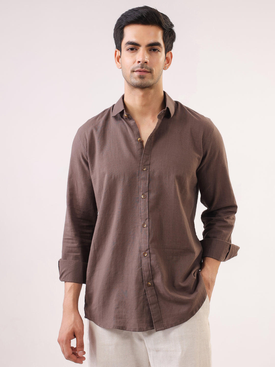 Men's Solid Brown Long Sleeve Casual Shirt