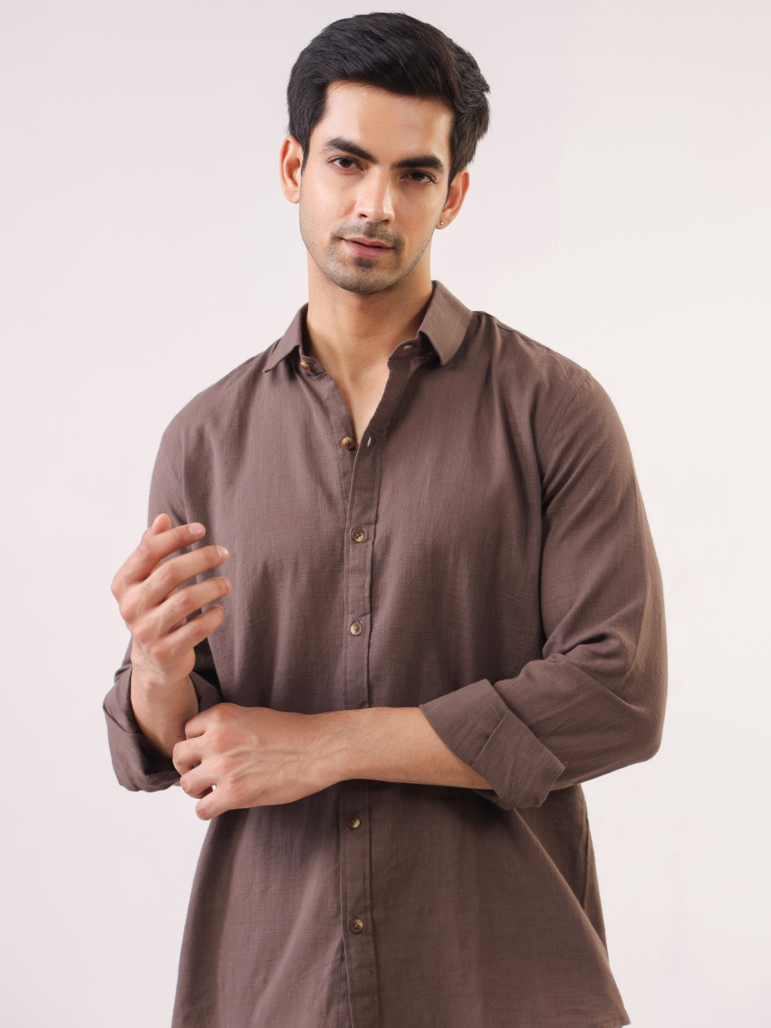 Men's Solid Brown Long Sleeve Casual Shirt