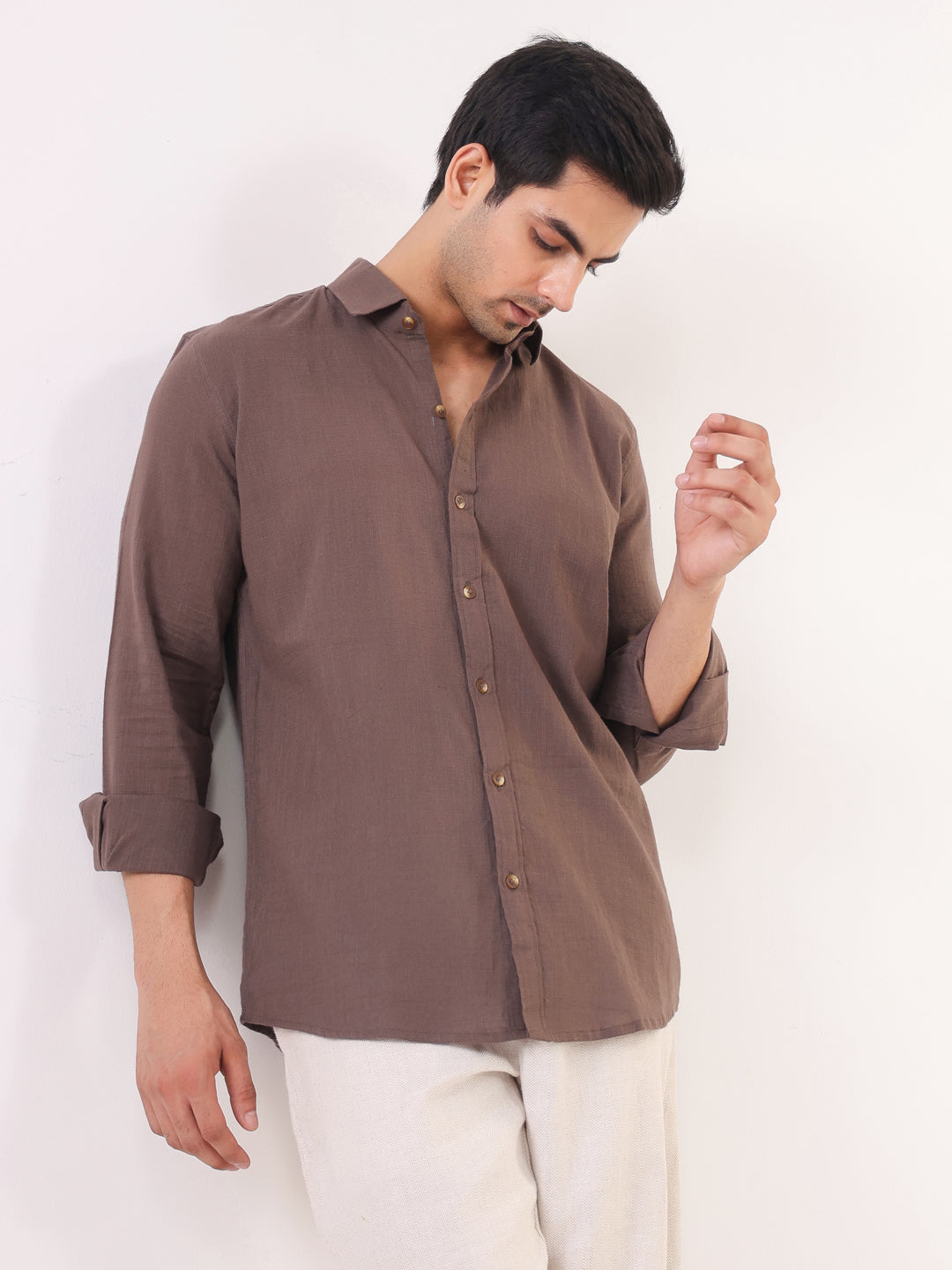Men's Solid Brown Long Sleeve Casual Shirt