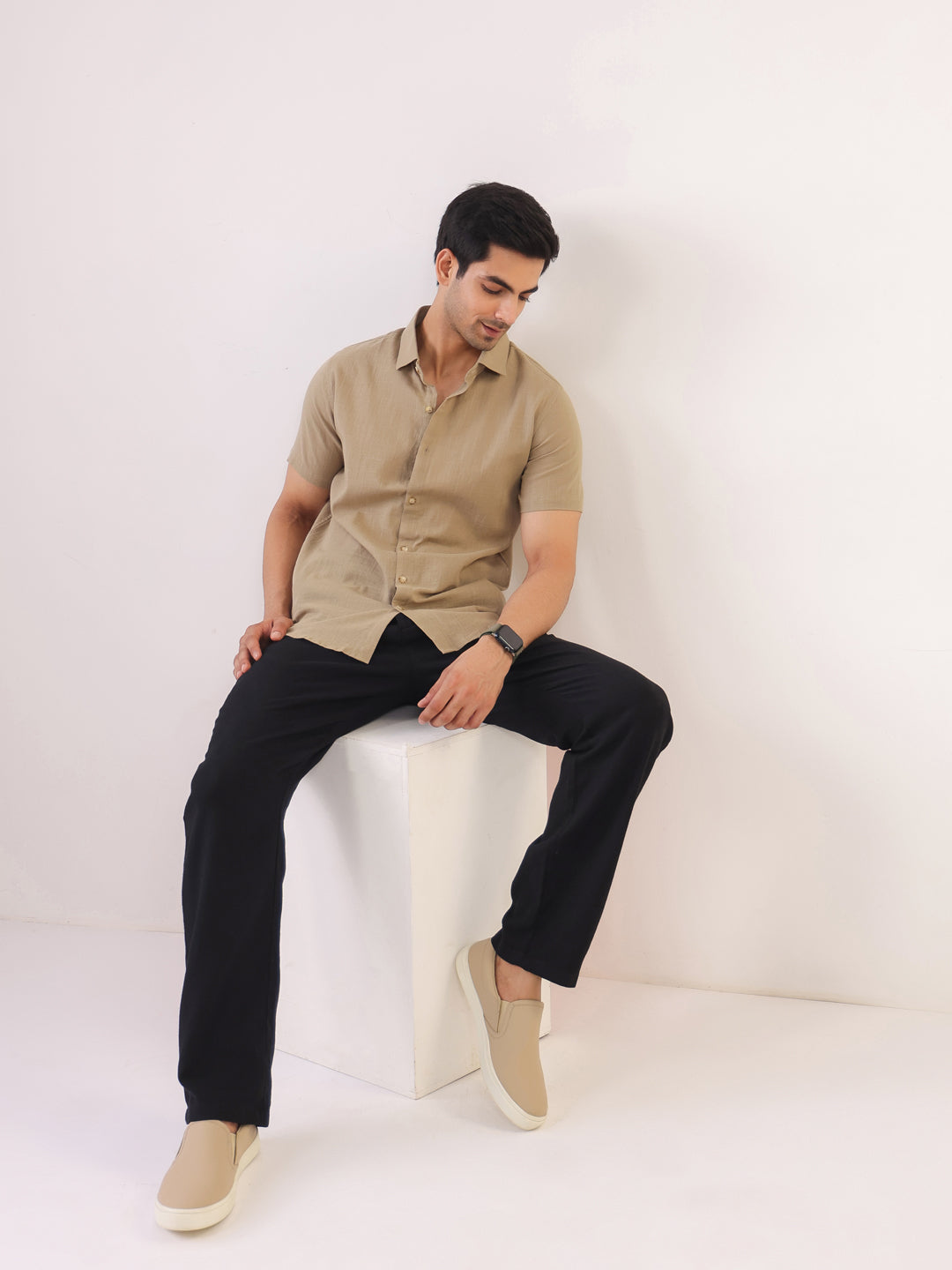 Light Beige Short Sleeve Shirt for Men