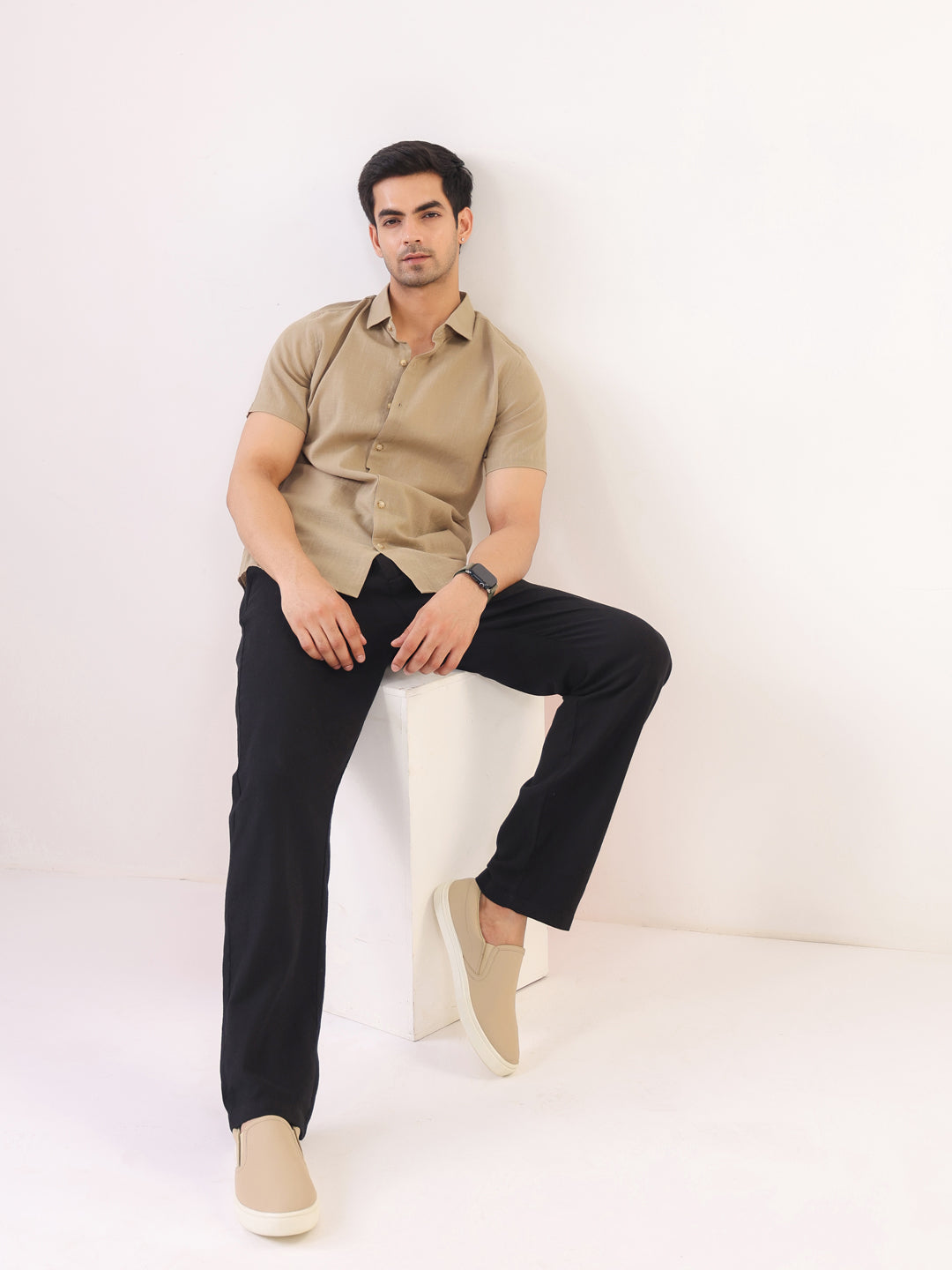 Light Beige Short Sleeve Shirt for Men