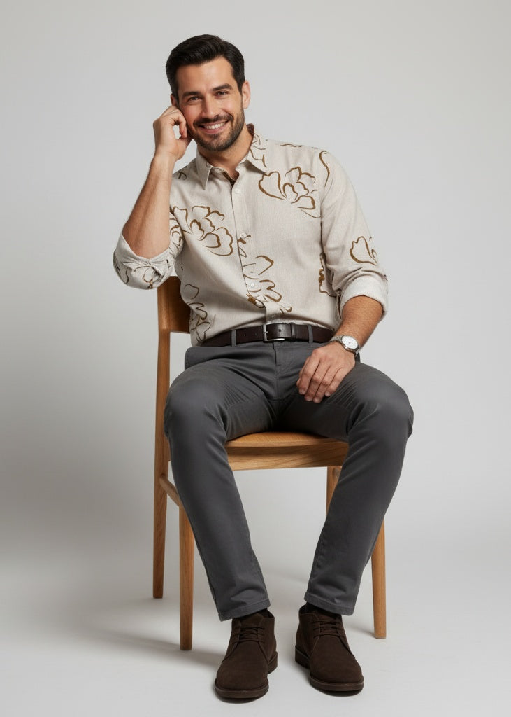 Men Beige Abstract Floral Print Spread Collar Cotton Casual Shirt