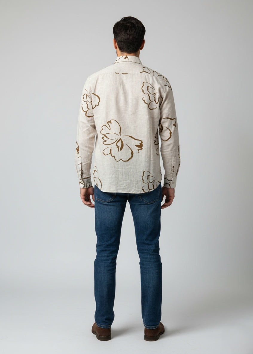 Men Beige Abstract Floral Print Spread Collar Cotton Casual Shirt