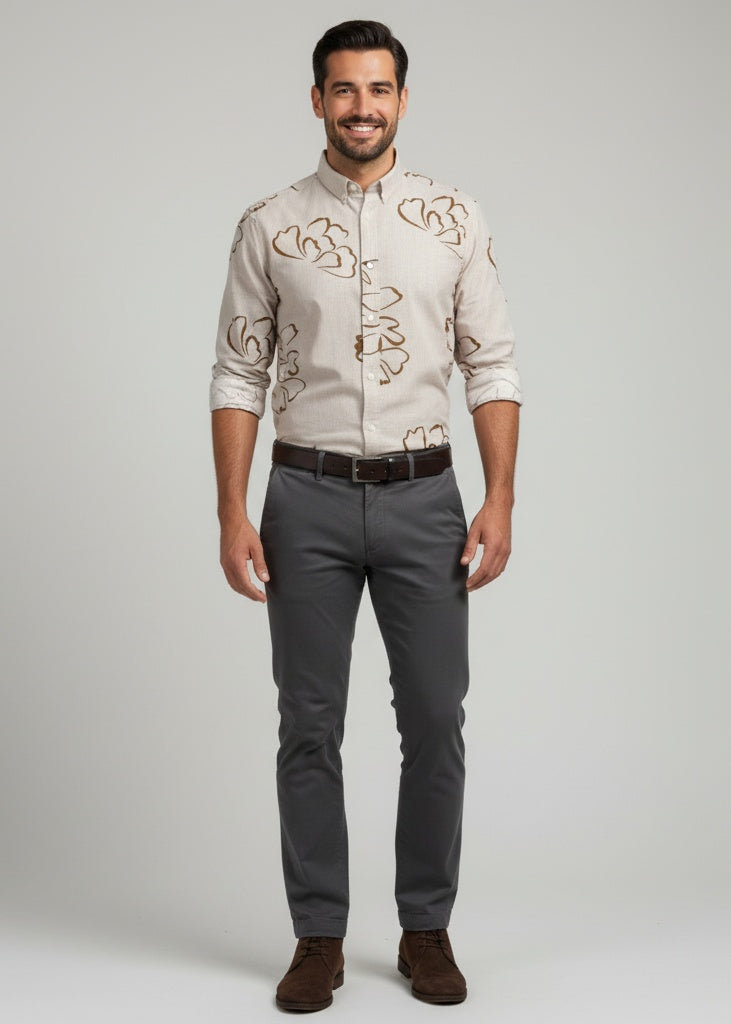 Men Beige Abstract Floral Print Spread Collar Cotton Casual Shirt