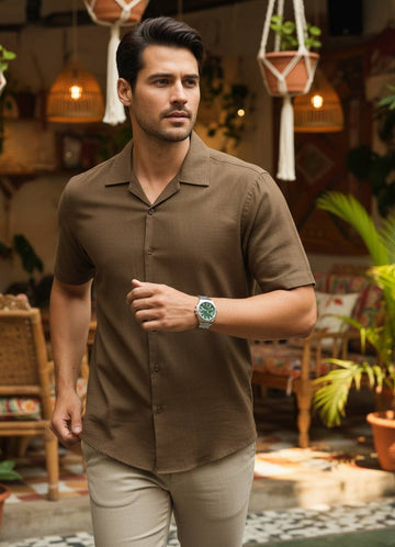 Men Brown Cuban Collar Short Sleeve Solid Relaxed Fit Cotton Shirt