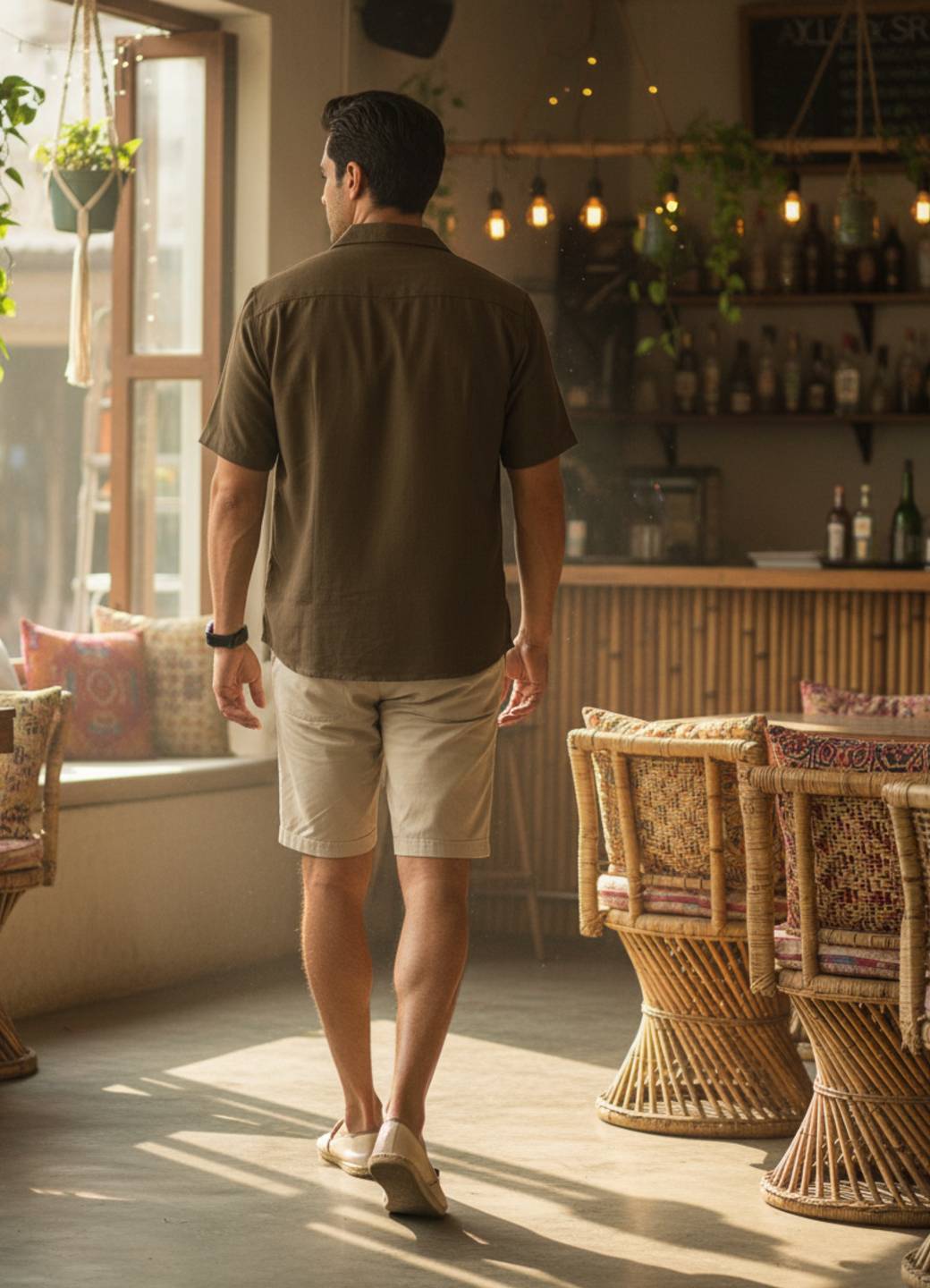 Men Brown Cuban Collar Short Sleeve Solid Relaxed Fit Cotton Shirt