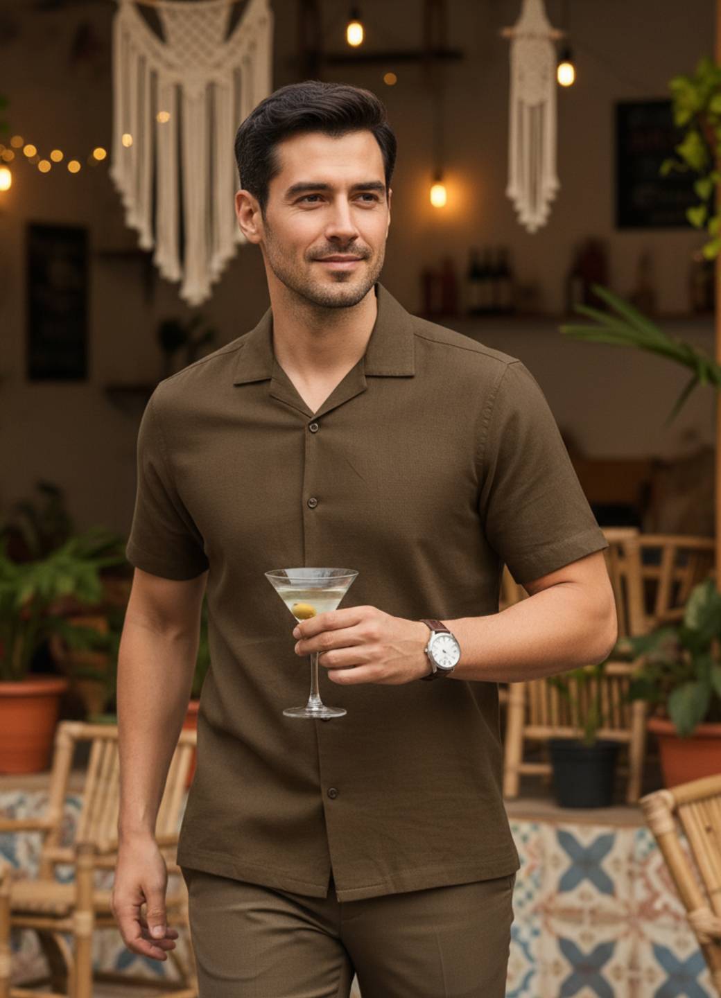 Men Brown Cuban Collar Short Sleeve Solid Relaxed Fit Cotton Shirt